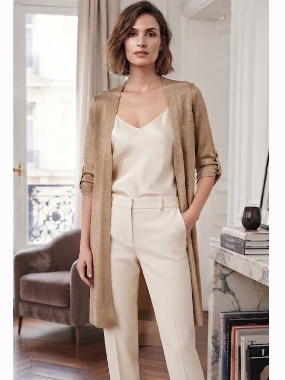 NWOT Talbots Gold Metallic Thread Open Knit Duster Long Cardigan SP